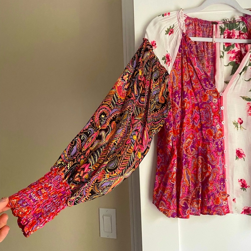 Free People Babydoll Multicolor Floral Festival Boho Size XS Blouse Cottagecore - Picture 6 of 7
